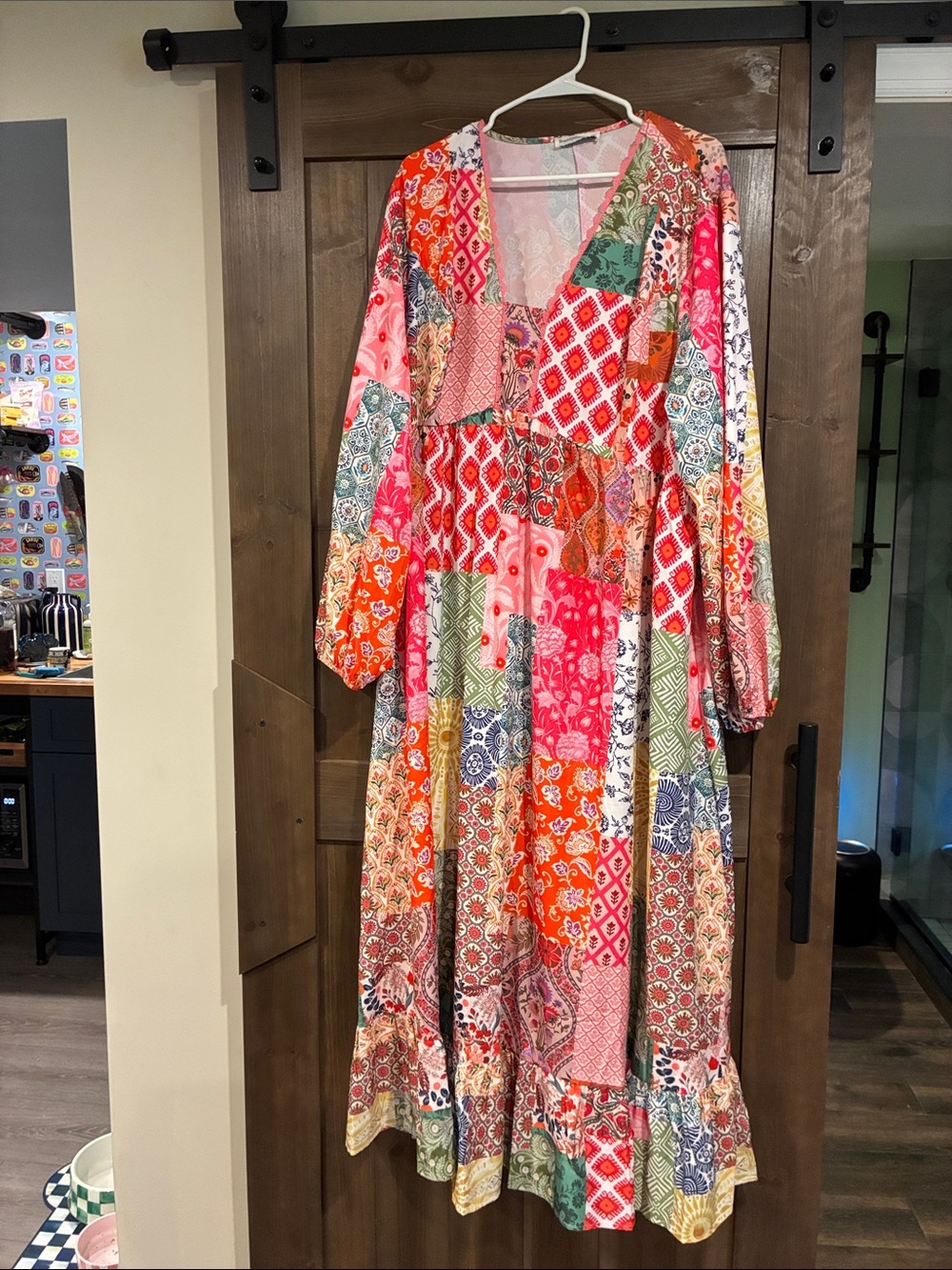 Patchwork Print V-Neck Maxi Dress - Pink/Orange Multi 4X